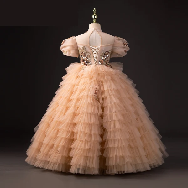 Chic / Belle Champagne Perlage Paillettes Faux Diamant Volants en Cascade Anniversaire Robe Ceremonie Fille 2023 Robe Boule Col Haut Manches Courtes Dos Nu Longue