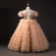 Chic / Belle Champagne Perlage Paillettes Faux Diamant Volants en Cascade Anniversaire Robe Ceremonie Fille 2023 Robe Boule Col Haut Manches Courtes Dos Nu Longue