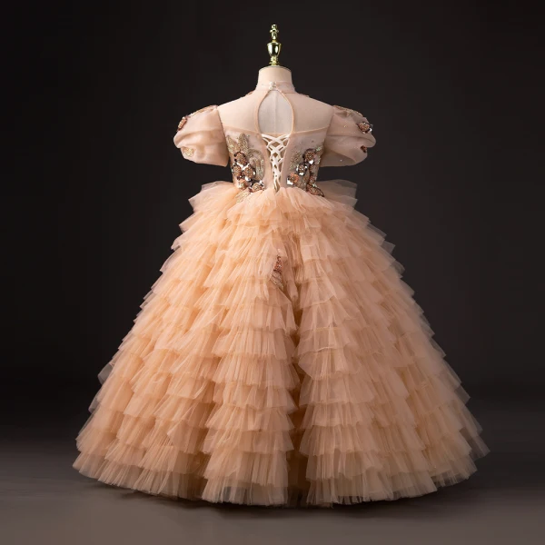 Charmant Champagne Perlage Faux Diamant Paillettes Volants en Cascade Anniversaire Robe Ceremonie Fille 2024 Robe Boule Col Haut Gonflée Manches Courtes Dos Nu Longue