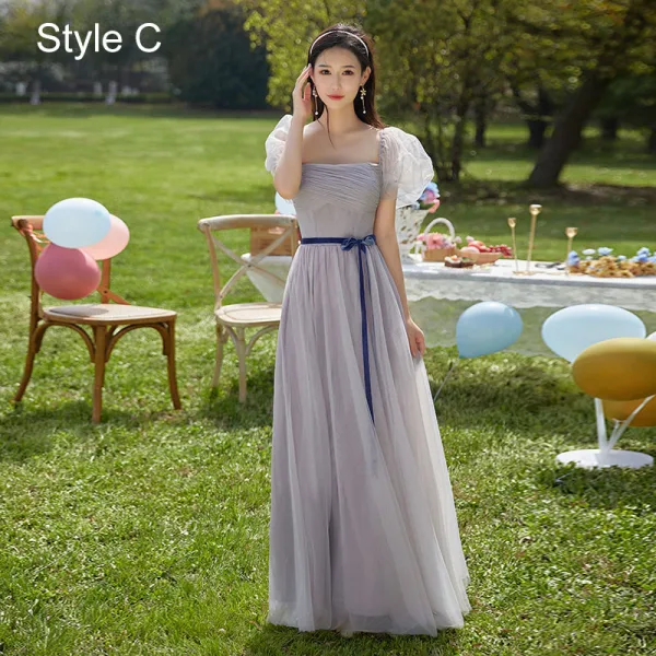 Modest / Simple Lavender Bridesmaid Dresses 2022 A-Line / Princess Short Sleeve Backless Bow Sash Floor-Length / Long Bridesmaid