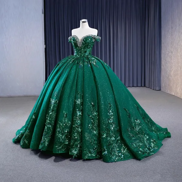 Vintage / Retro High-end Dark Green Handmade  Beading Rhinestone Sequins Prom Dresses 2023 Ball Gown Off-The-Shoulder Sleeveless Backless Court Train