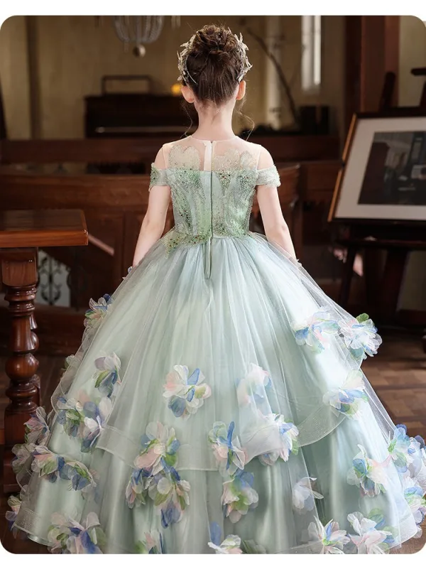 Flower Fairy Sage Green Beading Appliques Birthday Flower Girl Dresses 2026 Ball Gown Scoop Neck Sleeveless Floor-Length / Long Tulle