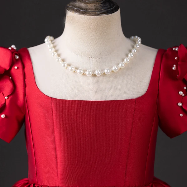 Chic / Beautiful Red Satin Birthday Flower Girl Dresses 2024 Pearl Scoop Neck Short Sleeve Bow Backless Floor-Length / Long