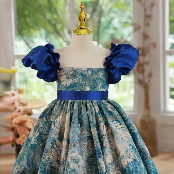 Vintage / Retro Royal Blue Birthday Embroidered Flower Girl Dresses 2022 A-Line / Princess Scoop Neck Puffy Short Sleeve Sash Floor-Length / Long Flower Girl Dresses
