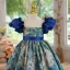 Vintage / Retro Royal Blue Birthday Embroidered Flower Girl Dresses 2022 A-Line / Princess Scoop Neck Puffy Short Sleeve Sash Floor-Length / Long Flower Girl Dresses