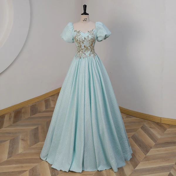Elegant Mint Green Beading Sequins Prom Dresses 2023 Ball Gown Square Neckline Short Sleeve Backless Floor-Length / Long Prom Formal Dresses