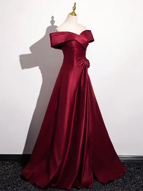 Minimalist Burgundy Satin Prom Dresses 2025 A-Line / Princess Off-The-Shoulder Short Sleeve Backless Floor-Length / Long Prom Formal Dresses