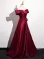 Minimalist Burgundy Satin Prom Dresses 2025 A-Line / Princess Off-The-Shoulder Short Sleeve Backless Floor-Length / Long Prom Formal Dresses