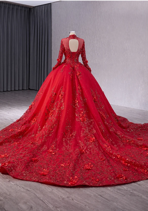 High-end Red Handmade  Beading Pearl Sequins Appliques Prom Dresses 2024 Ball Gown High Neck Long Sleeve Backless Chapel Train Prom Formal Dresses