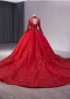 High-end Red Handmade  Beading Pearl Sequins Appliques Prom Dresses 2024 Ball Gown High Neck Long Sleeve Backless Chapel Train Prom Formal Dresses