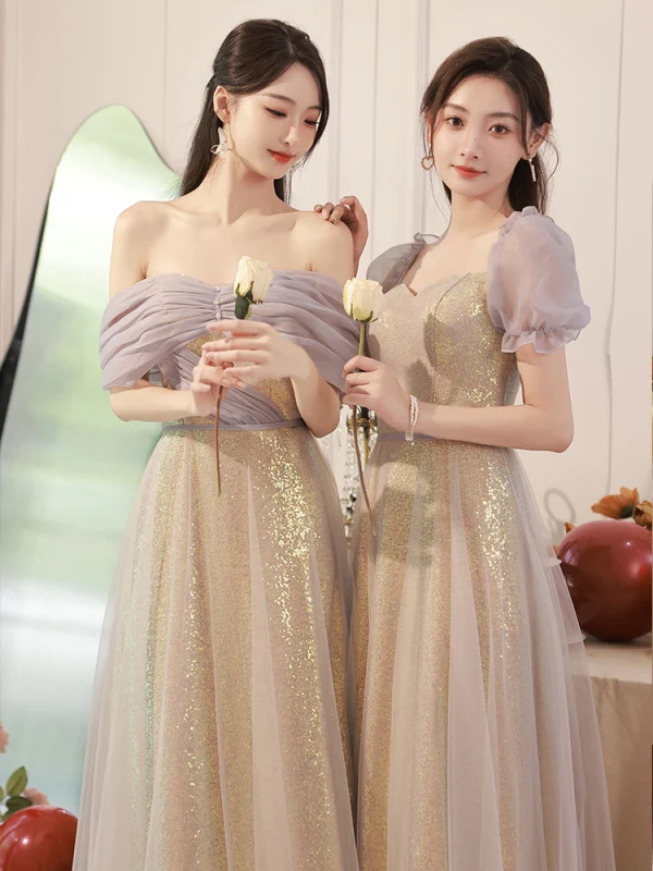 Chic / Beautiful Gold Sequins Bridesmaid Dresses 2023 A-Line / Princess Off-The-Shoulder Short Sleeve Backless Floor-Length / Long Bridesmaid Dresses