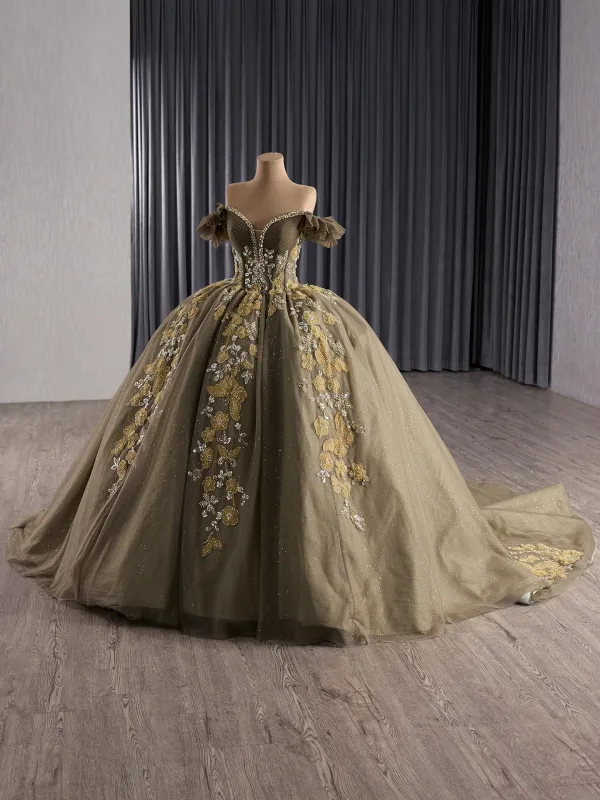 Vintage / Retro High-end Brown Beading Pearl Sequins Quinceañera Prom Dresses 2025 Ball Gown Off-The-Shoulder Short Sleeve Backless Chapel Train Formal Dresses