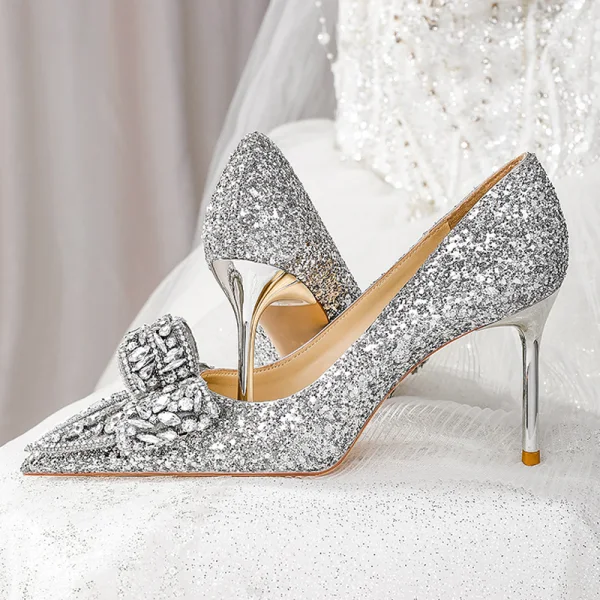 Bling Bling Silver Sequins Rhinestone Bow Wedding Shoes 2023 Leather 8 cm Stiletto Heels Pointed Toe Wedding Pumps High Heels