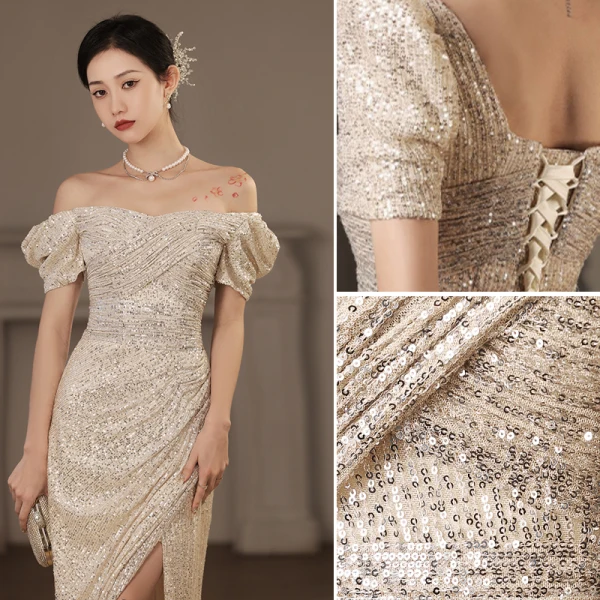 Scintillantes Doré Paillettes Robe De Soirée 2023 Trompette / Sirène Encolure Carrée Manches Courtes Dos Nu Longue Soirée Robe De Ceremonie
