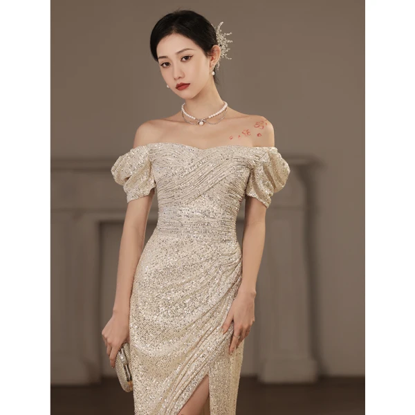 Scintillantes Doré Paillettes Robe De Soirée 2023 Trompette / Sirène Encolure Carrée Manches Courtes Dos Nu Longue Soirée Robe De Ceremonie