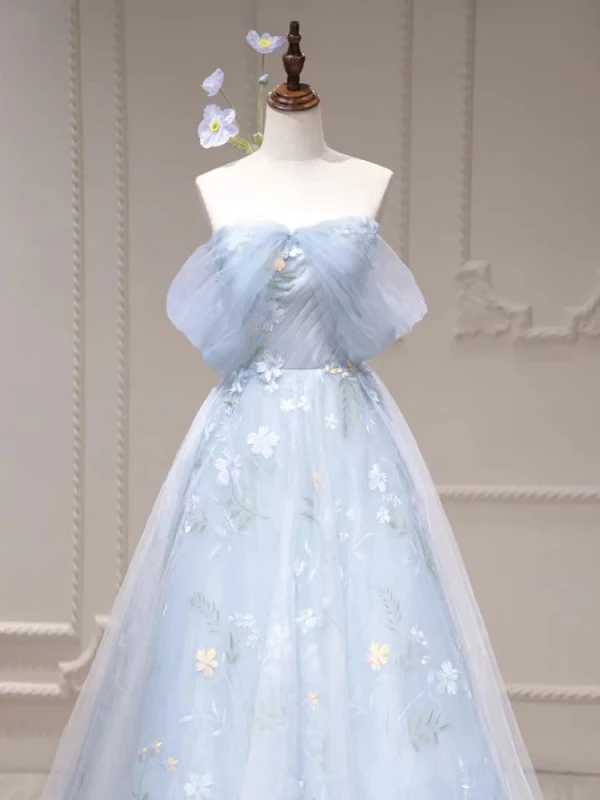 Flower Fairy Sky Blue Appliques Prom Dresses 2023 A-Line / Princess Off-The-Shoulder Sleeveless Backless Floor-Length / Long Prom Formal Dresses