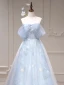 Flower Fairy Sky Blue Appliques Prom Dresses 2023 A-Line / Princess Off-The-Shoulder Sleeveless Backless Floor-Length / Long Prom Formal Dresses