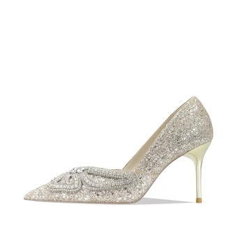 Sparkly Champagne Rhinestone Butterfly Sequins Wedding Shoes 2022 Leather 8 Cm Stiletto Heels Pointed Toe Wedding Pumps High Heels