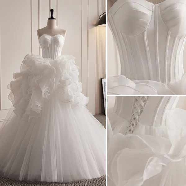 Classic White Cascading Ruffles Wedding Dresses 2023 Ball Gown Strapless Sleeveless Backless Court Train Wedding