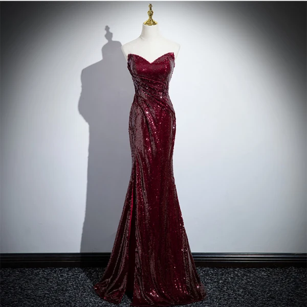 Scintillantes Bordeaux Paillettes Fendue devant Robe De Bal 2024 Trompette / Sirène De l'épaule Gonflée Manches Courtes Dos Nu Train De Balayage Soirée Robe De Ceremonie