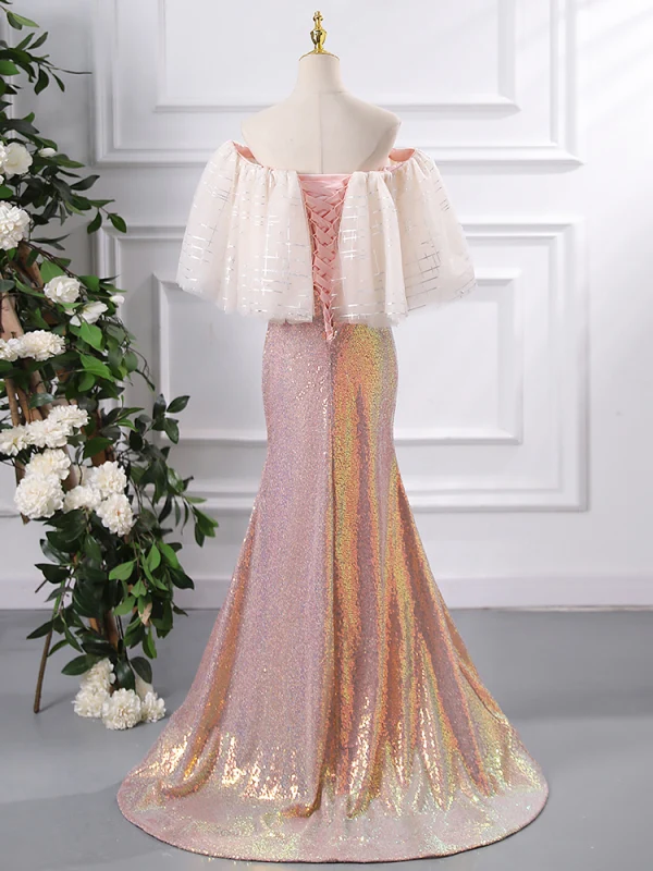 Scintillantes Rougissant Rose Glitter Paillettes Robe De Soirée 2024 De l'épaule Trompette / Sirène Manches Courtes Dos Nu Longue Soirée Robe De Ceremonie