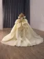 Luxury / Gorgeous Champagne Beading Sequins Wedding Dresses 2026 Ball Gown Off-The-Shoulder Short Sleeve Backless Bow Chapel Train