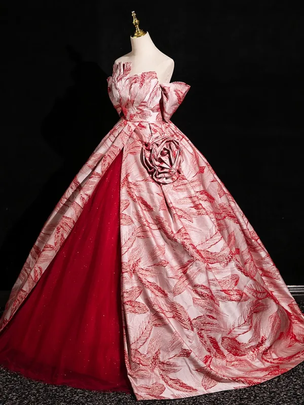 Elegant Red Prom Dresses 2024 Ball Gown Off-The-Shoulder Sleeveless Backless Floor-Length / Long Prom Formal Dresses