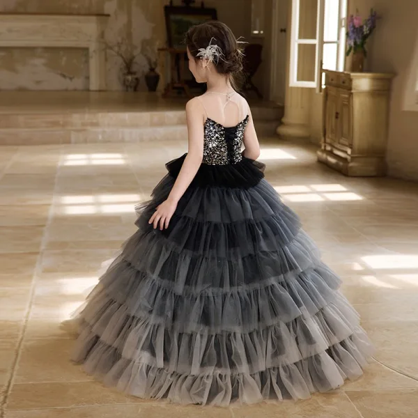 Chic / Beautiful Black Gradient-Color Rhinestone Sequins Cascading Ruffles Flower Girl Dresses 2025 Ball Gown Scoop Neck Birthday Sleeveless Backless Floor-Length / Long