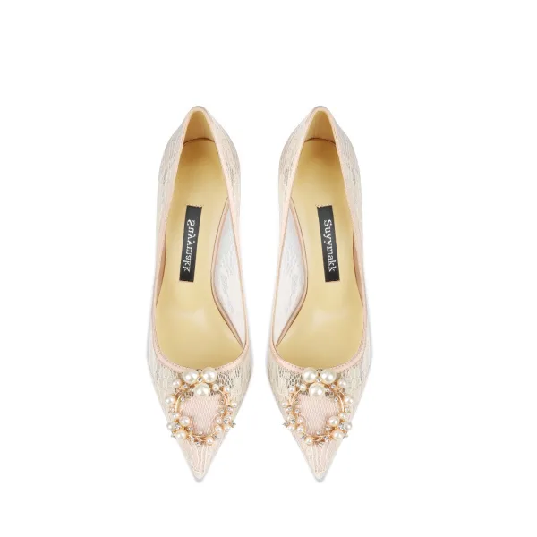 Charming Nude Pearl Rhinestone Lace Wedding Shoes 2024 10 cm Stiletto Heels Pointed Toe Wedding Pumps High Heels