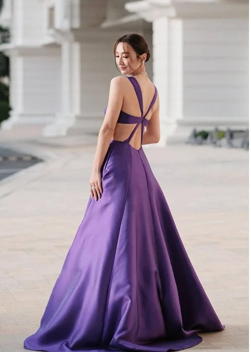 Fashion Purple Prom Dresses 2025 A-Line Princess Square Neckline Sleeveless Backless