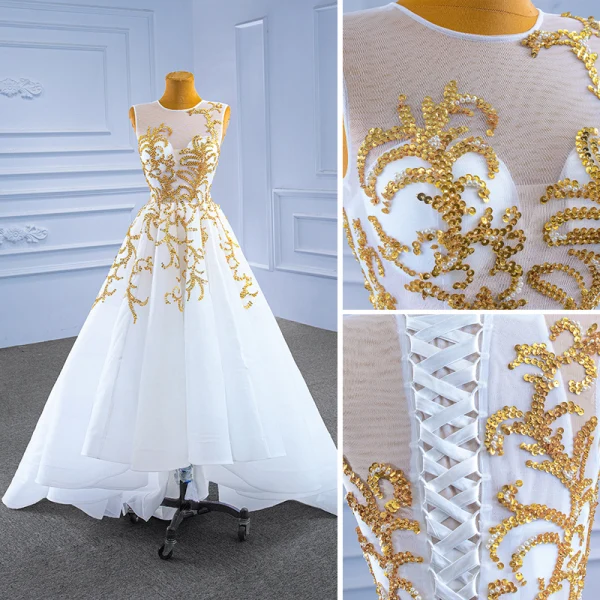 High-end White Pearl Sequins Asymmetrical Wedding Dresses 2022 A-Line / Princess Scoop Neck Sleeveless Wedding