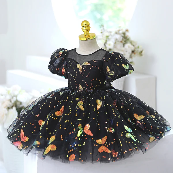 Chic / Belle Noire Papillon Paillettes Anniversaire Robe Ceremonie Fille 2023 Encolure Dégagée Manches Courtes Courte Robe Ceremonie Fille
