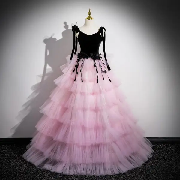 Fashion Blushing Pink Appliques Cascading Ruffles Prom Dresses Ball Gown 2024 Spaghetti Straps Bow Sleeveless Floor-Length / Long Prom Formal Dresses