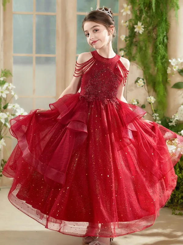 Chic / Beautiful Red Beading Sequins Cascading Ruffles Birthday Flower Girl Dresses 2025 Ball Gown Scoop Neck Sleeveless Floor-Length / Long