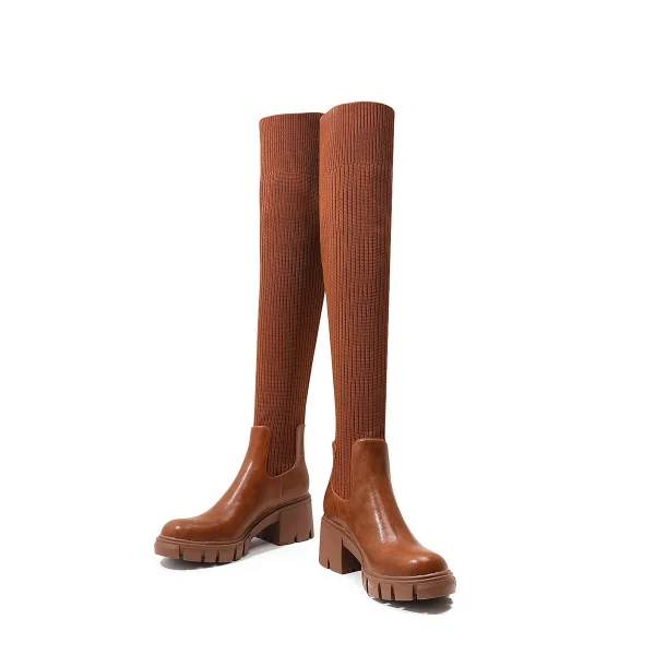 Fashion Brown Fall Winter Street Wear Sock Boots 2023 6 cm Thick Heels Round Toe Womens Boots
