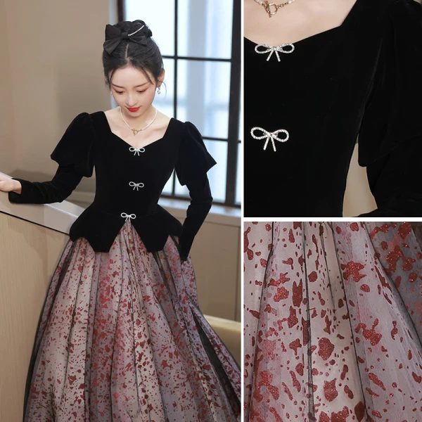 Chic / Belle Noire Robe De Bal 2023 Princesse Encolure Carrée Faux Diamant Noeud Manches Longues Dos Nu Longue Promo Robe De Ceremonie