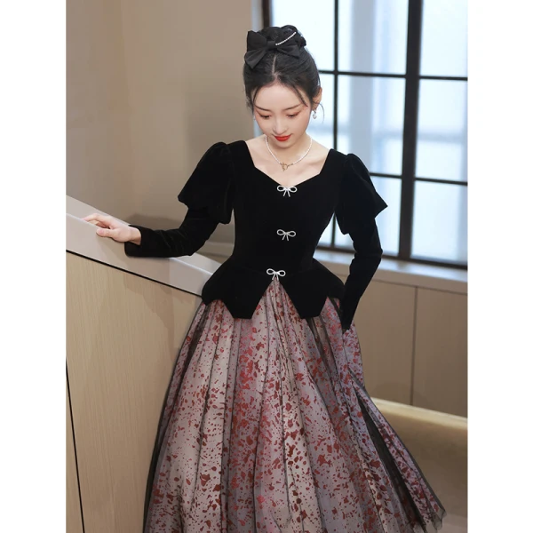 Chic / Belle Noire Robe De Bal 2023 Princesse Encolure Carrée Faux Diamant Noeud Manches Longues Dos Nu Longue Promo Robe De Ceremonie