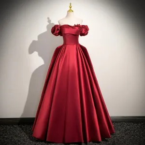 Vintage Retro Red Satin Prom Dresses 2025 Ball Gown Off The Shoulder Short Sleeve Backless Floor Length Long Prom Formal Dresses
