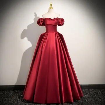 Vintage Originale Rouge Satin Robe De Bal 2025 Robe Boule De L Épaule Manches Courtes Dos Nu Longue Promo Robe De Ceremonie