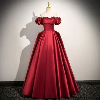 Vintage Rot Satin Ballkleider 2025 Ballkleid Off Shoulder Kurze Ärmel Rückenfreies Lange Ball Festliche Kleider