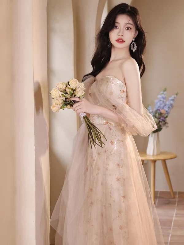 Charming Champagne Sequins Printing Prom Dresses 2024 A-Line / Princess Off-The-Shoulder Sleeveless Backless Floor-Length / Long Prom Formal Dresses