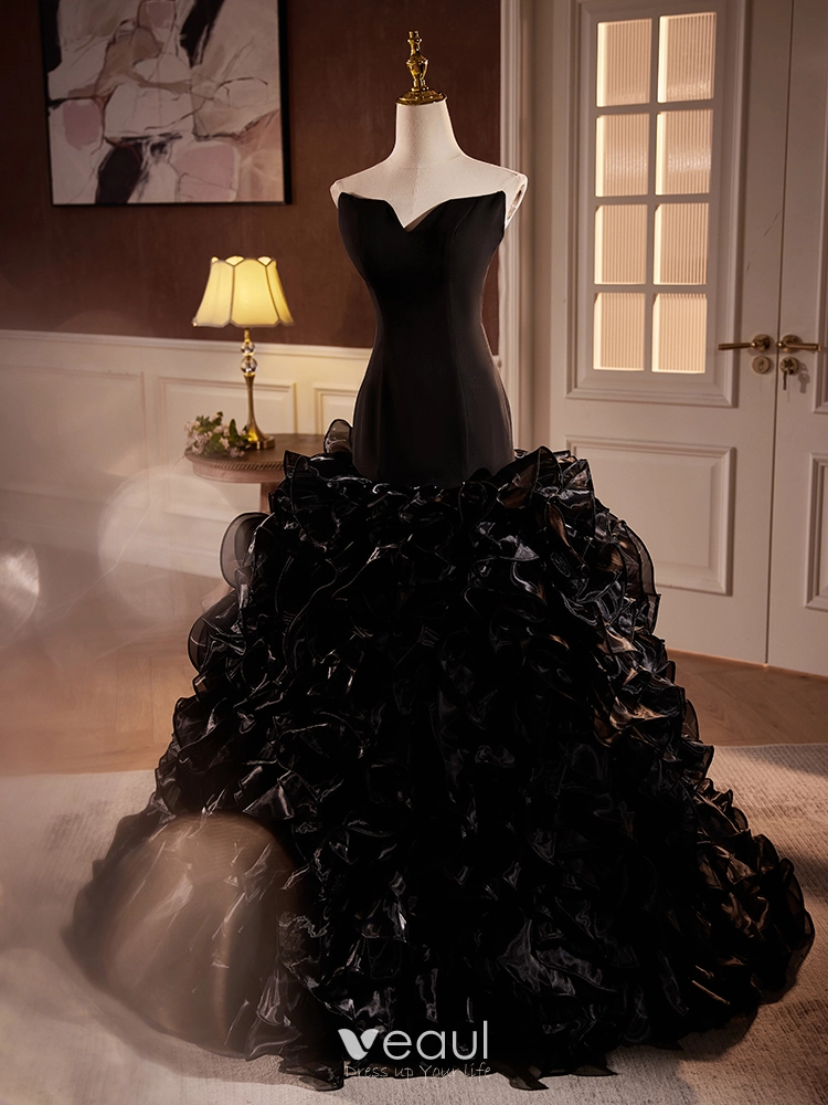 Black Sweetheart Strapless Sleeveless Lace Mermaid Long Prom Dress