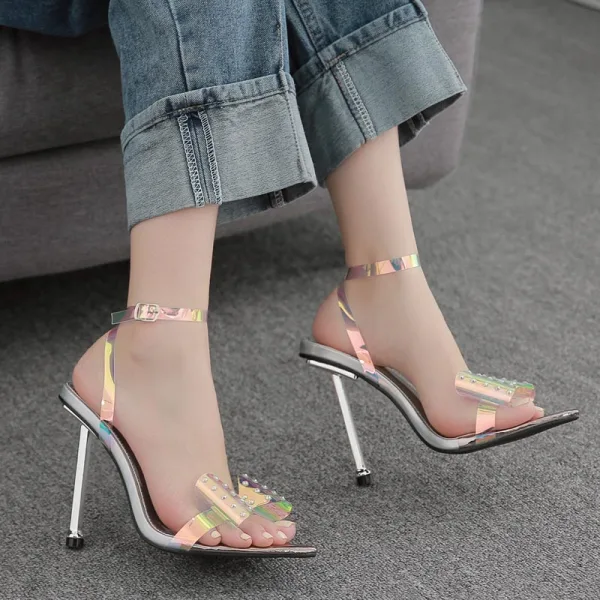 Sexy Silber Laser Abend Sandalen Damen 2022 11 cm Stilettos Knöchelriemen Strass Schleife Peeptoes Sandaletten Hochhackige