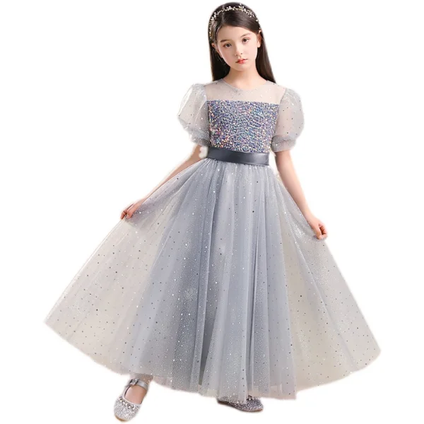 Sparkly Grey Star Sequins Prom Flower Girl Dresses 2022 A-Line / Princess Scoop Neck Short Sleeve Sash Bow Floor-Length / Long Flower Girl Dresses