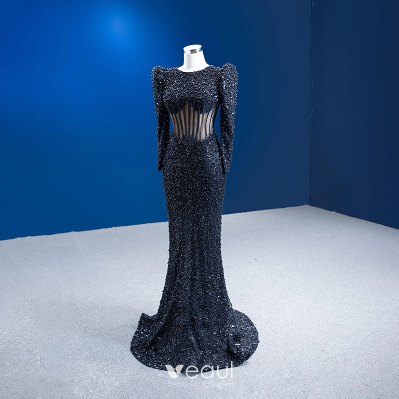 High End Black Handmade Pearl Sequins Evening Dresses 2023 Trumpet Mermaid  Scoop Neck Long Sleeve Backless Sweep Train Evening Party Formal Dresses