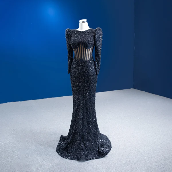 Haut de Gamme Noire Fait main Perle Paillettes Robe De Soirée 2023 Trompette / Sirène Encolure Dégagée Manches Longues Dos Nu Train De Balayage Soirée Robe De Ceremonie