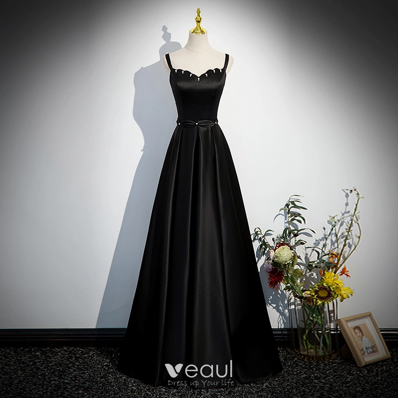 Charming Black Pearl Evening Dresses 2023 A-Line / Princess Spaghetti  Straps Sleeveless Backless Floor-Length / Long Satin Evening Party Formal  Dresses