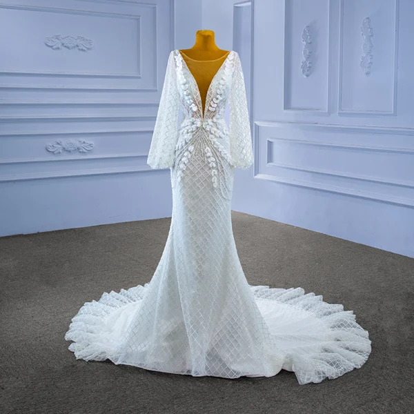 Charmant High End Weiß Perlenstickerei Strass Pailletten Applikationen Brautkleider / Hochzeitskleider 2022 Meerjungfrau Rundhalsausschnitt Lange Ärmel Rückenfreies Lange Hochzeit