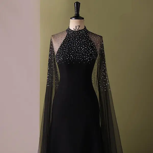 Chic / Beautiful Black Rhinestone Prom Dresses 2024 A-Line / Princess Scoop Neck Sleeveless Floor-Length / Long Prom Formal Dresses