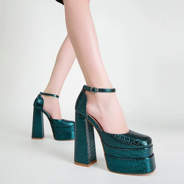 Fashion Dark Green Cocktail Party Womens Sandals 2022 Ankle Strap 10 cm Thick Heels Square Toe Sandals High Heels